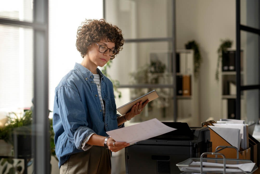 Woman using printers at work
